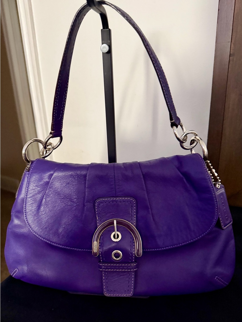Coach Purple Leather Shoulder Bag with Silver Hardware